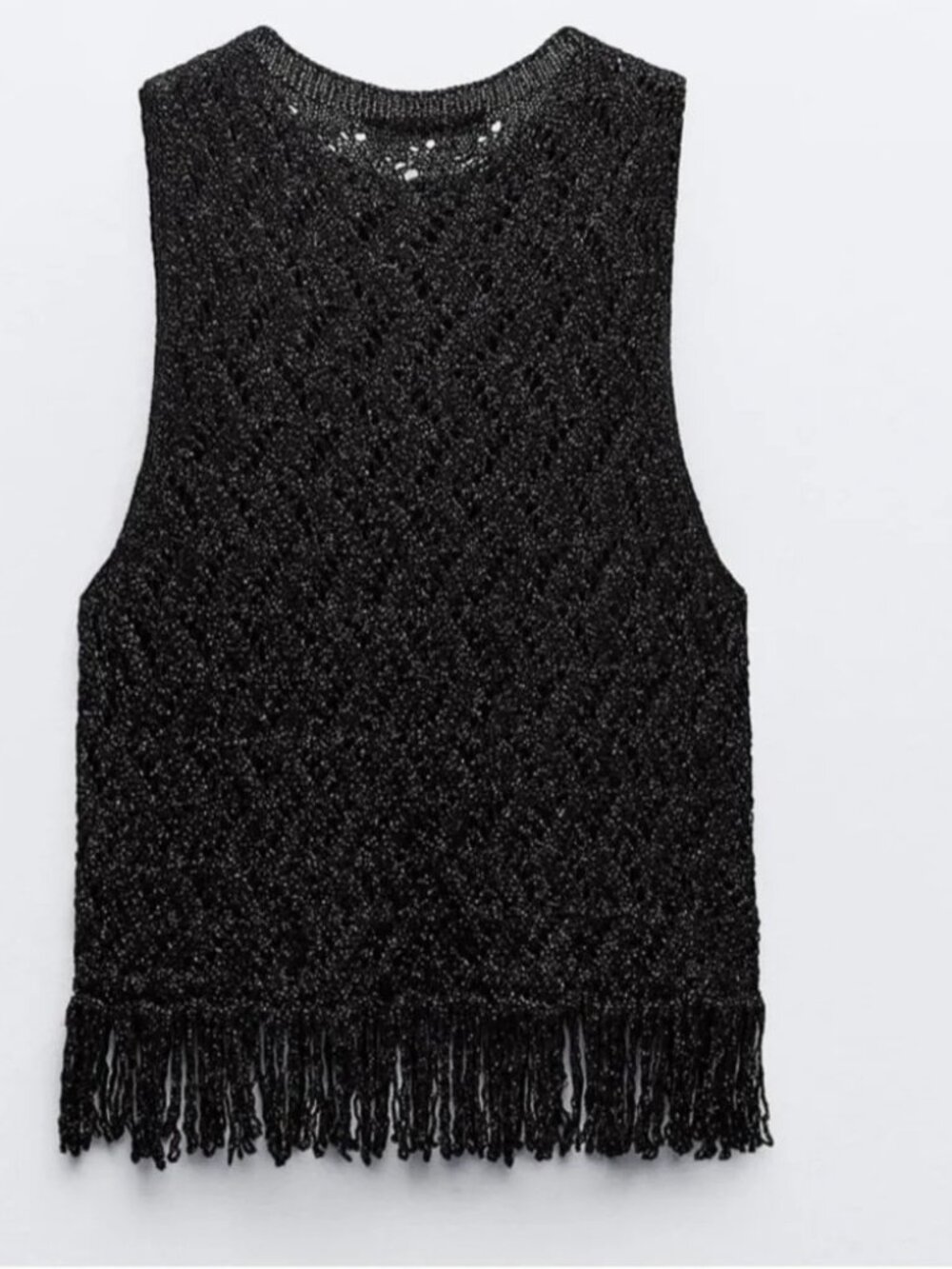 ZARA Metallic Knit Fringed Vest Top Black Festival Boho Chic